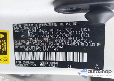 2010 Toyota Highlander Limited V6 z USA, uszkodzony, nr VIN 5TDYK3EH3AS011389